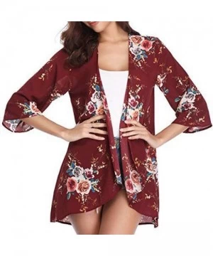 Cover-Ups Womens Kimono Cardigan- Mesh Panel 3/4 Bell Sleeve Floral Open Front Cover Up Tops Blouses - 4 Red - CK18TQG7AUE