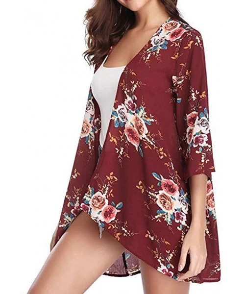 Cover-Ups Womens Kimono Cardigan- Mesh Panel 3/4 Bell Sleeve Floral Open Front Cover Up Tops Blouses - 4 Red - CK18TQG7AUE