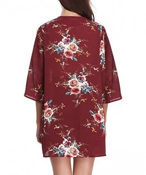 Cover-Ups Womens Kimono Cardigan- Mesh Panel 3/4 Bell Sleeve Floral Open Front Cover Up Tops Blouses - 4 Red - CK18TQG7AUE