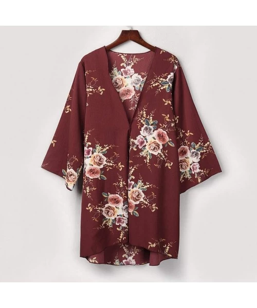 Cover-Ups Womens Kimono Cardigan- Mesh Panel 3/4 Bell Sleeve Floral Open Front Cover Up Tops Blouses - 4 Red - CK18TQG7AUE