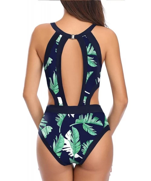 One-Pieces Women One Piece Swimsuit Cutout High Neck Bathing Suit Floral Printed Bathing Suits - Blue Green Leaf - CL18YKNLE9E