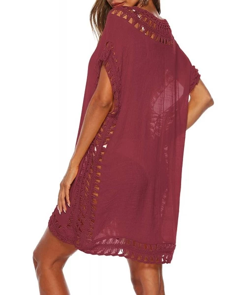 Cover-Ups Swimsuit Cover Ups for Women Bathing Suit Coverups Ladies Beach Dress Crochet Bikini Wear - Wine Red - C5195W036RX