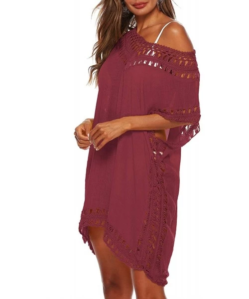 Cover-Ups Swimsuit Cover Ups for Women Bathing Suit Coverups Ladies Beach Dress Crochet Bikini Wear - Wine Red - C5195W036RX