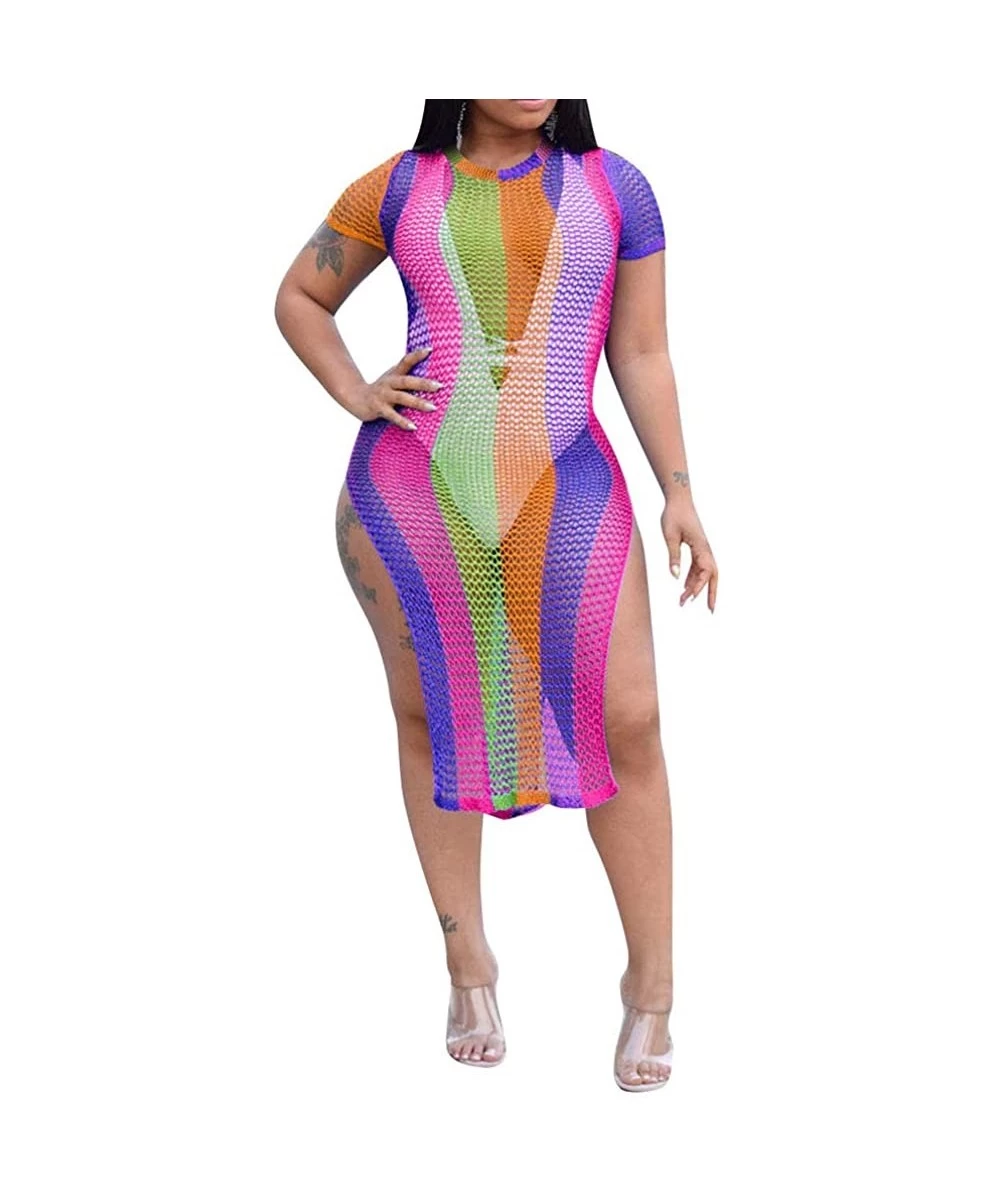 Cover-Ups Womens Sexy Colorful Stripe Print Mesh Sheer Short Sleeves Side High Split Fishnet Midi Dress Bikini Cover up Rose ...