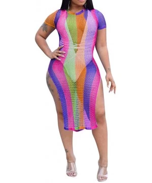 Cover-Ups Womens Sexy Colorful Stripe Print Mesh Sheer Short Sleeves Side High Split Fishnet Midi Dress Bikini Cover up Rose ...