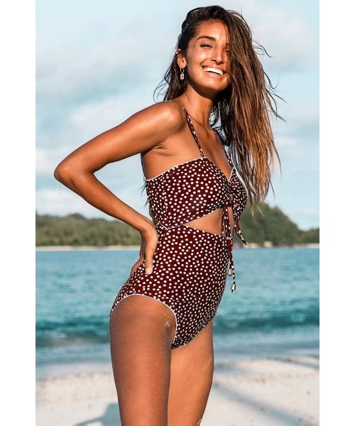 One-Pieces Womens One Piece Swimsuits Polka Dot High Waist Bathing Suit Cutout Swimwear Monokini Tie Knot - Brown - CI195TWXHRX