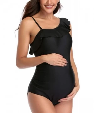 One-Pieces Maternity Swimsuit Womens Tankini One Shoulder Summer Ruffle Summer Bathing Suit - Black - CG18RH7ZDUM