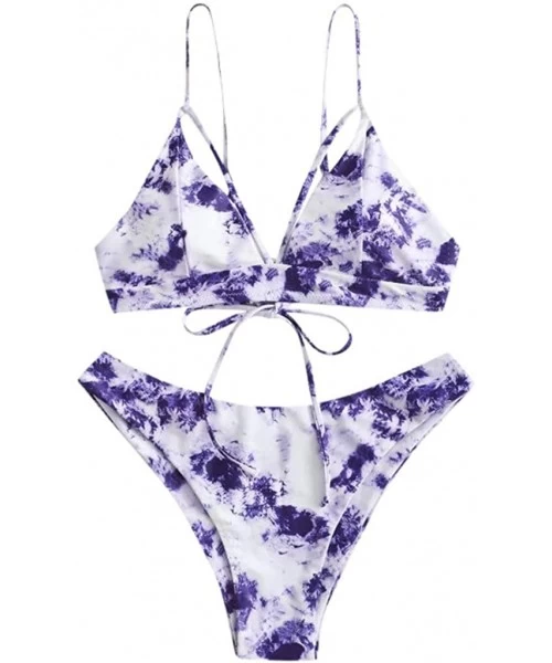 Sets Womens Swimsuits Two Piece Tie Dye Lace Up High Cut Leg Halter Bikini Set Bra Beachwear Swimwear Bathing Suit Purple - C...