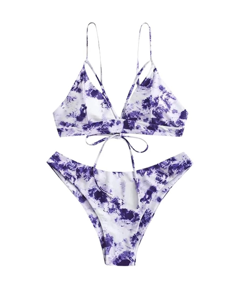 Sets Womens Swimsuits Two Piece Tie Dye Lace Up High Cut Leg Halter Bikini Set Bra Beachwear Swimwear Bathing Suit Purple - C...