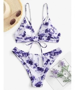 Sets Womens Swimsuits Two Piece Tie Dye Lace Up High Cut Leg Halter Bikini Set Bra Beachwear Swimwear Bathing Suit Purple - C...