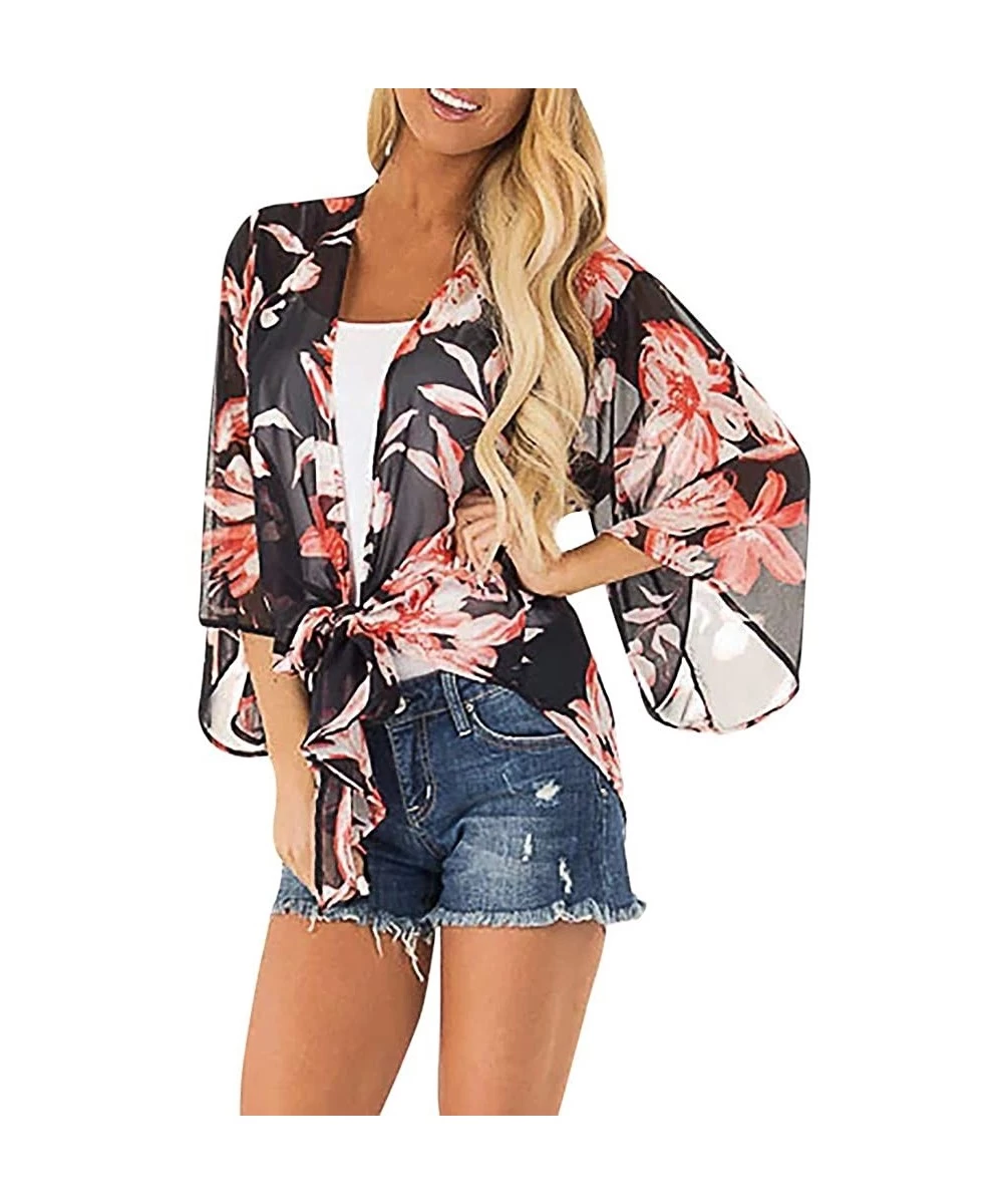 Cover-Ups Womens Kimono Cardigan- Floral Printed Boho Chiffon Short Tops Blouse - 9 Black - CJ18W53K29U