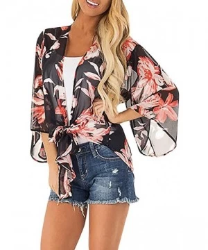 Cover-Ups Womens Kimono Cardigan- Floral Printed Boho Chiffon Short Tops Blouse - 9 Black - CJ18W53K29U