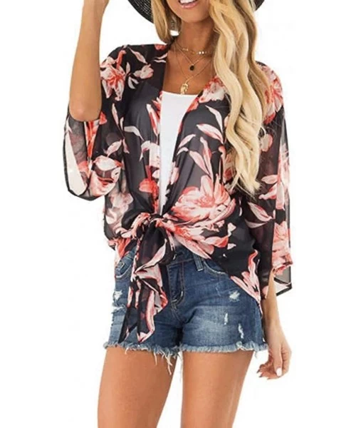 Cover-Ups Womens Kimono Cardigan- Floral Printed Boho Chiffon Short Tops Blouse - 9 Black - CJ18W53K29U