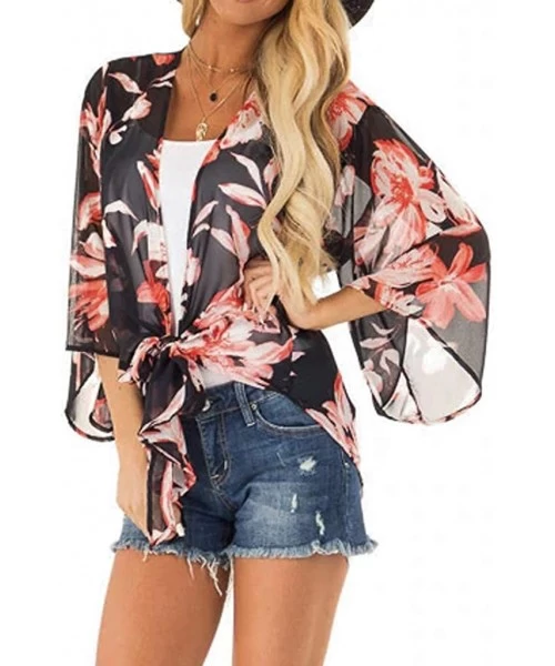 Cover-Ups Womens Kimono Cardigan- Floral Printed Boho Chiffon Short Tops Blouse - 9 Black - CJ18W53K29U