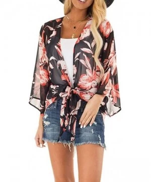 Cover-Ups Womens Kimono Cardigan- Floral Printed Boho Chiffon Short Tops Blouse - 9 Black - CJ18W53K29U