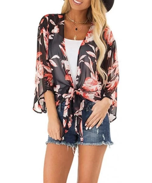 Cover-Ups Womens Kimono Cardigan- Floral Printed Boho Chiffon Short Tops Blouse - 9 Black - CJ18W53K29U