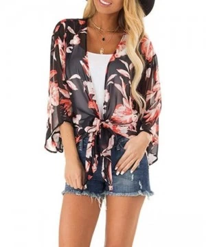 Cover-Ups Womens Kimono Cardigan- Floral Printed Boho Chiffon Short Tops Blouse - 9 Black - CJ18W53K29U