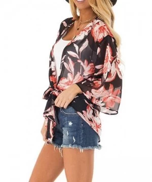 Cover-Ups Womens Kimono Cardigan- Floral Printed Boho Chiffon Short Tops Blouse - 9 Black - CJ18W53K29U