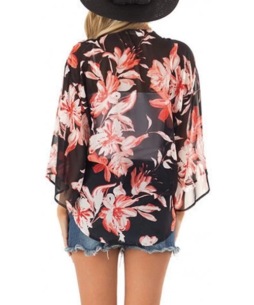 Cover-Ups Womens Kimono Cardigan- Floral Printed Boho Chiffon Short Tops Blouse - 9 Black - CJ18W53K29U