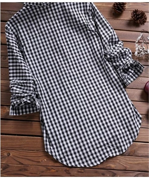 Rash Guards Womens Loose Plaid Long Sleeve Turndown Collar Pockets Plus Size Tunic Shirt Blouse Tops - A_black - C9194WWI08R