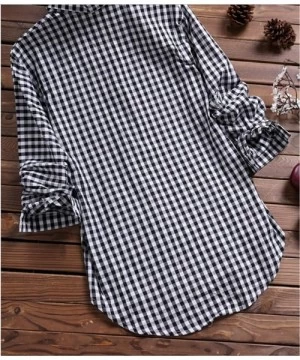 Rash Guards Womens Loose Plaid Long Sleeve Turndown Collar Pockets Plus Size Tunic Shirt Blouse Tops - A_black - C9194WWI08R