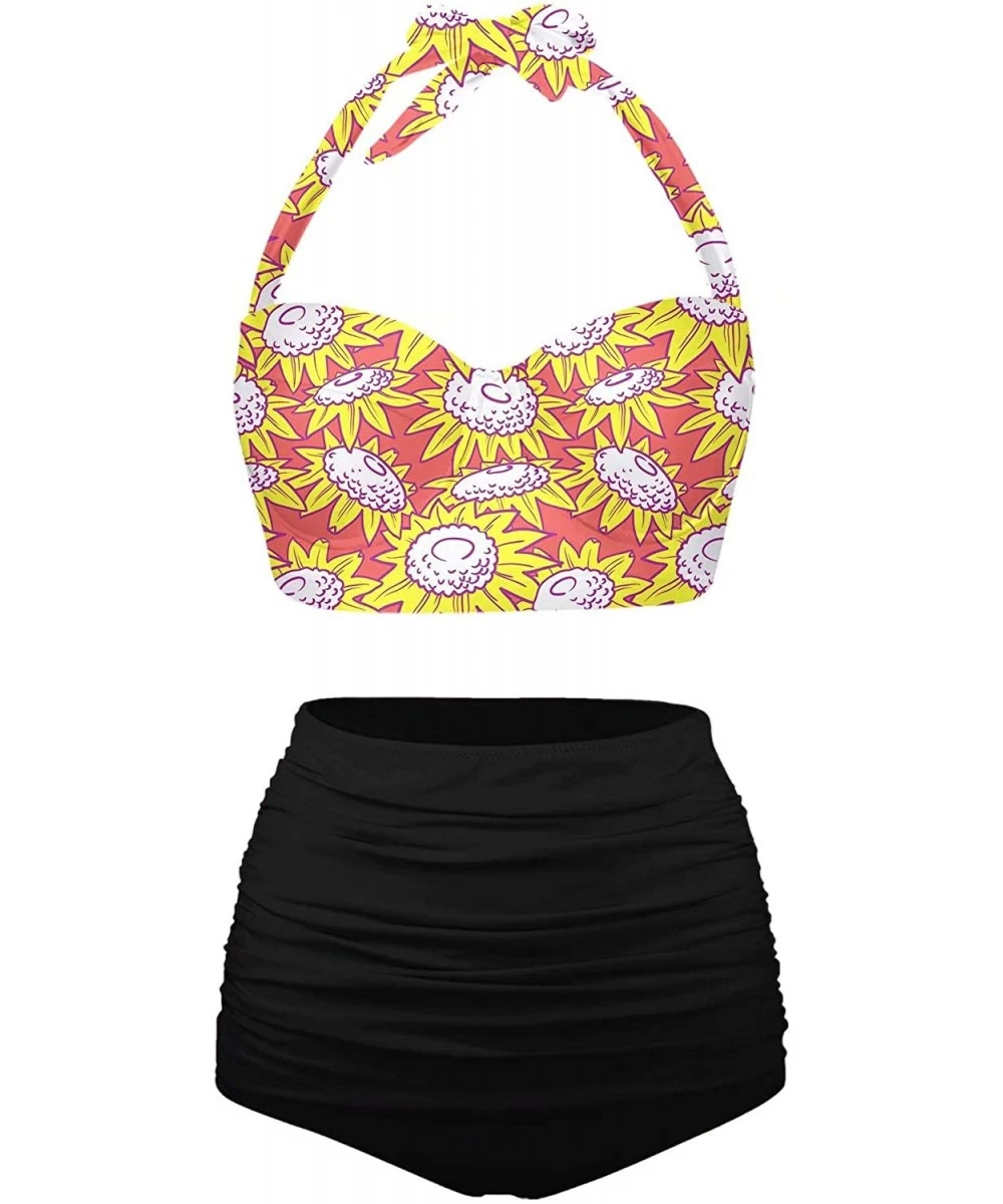 Sets Womens Colorful Sunflowers Botany Print Retro Bikini High Waisted Swimsuits - Yellow-2 - CR196OUR0AW