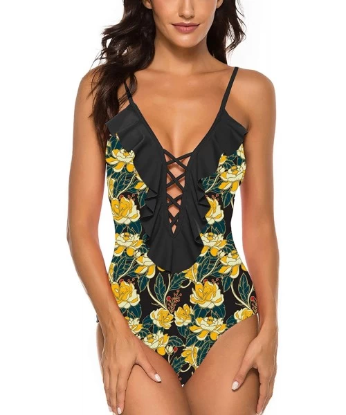 One-Pieces Women One Piece Plunge V Neck Monokini Hollow Out Mesh Swimsuits Floral Print Low Cut Back Bathing Suit 04 yellow ...