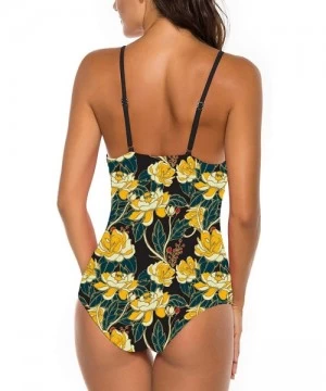 One-Pieces Women One Piece Plunge V Neck Monokini Hollow Out Mesh Swimsuits Floral Print Low Cut Back Bathing Suit 04 yellow ...