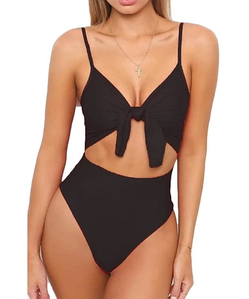 Sets Womens Tie Knot Front Bikini Spaghetti Strap Cut Out High Waist One Piece Brazilian Swimsuits - Black - C018EDO37TN