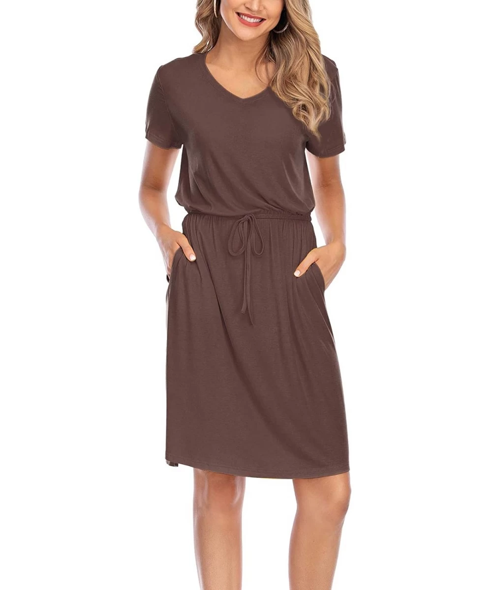 Cover-Ups Women Tie Waist V Neck Knee Length Short Sleeve Modest Plain Summer Casual Midi Dress with Pockets - Coffee Midi Dr...