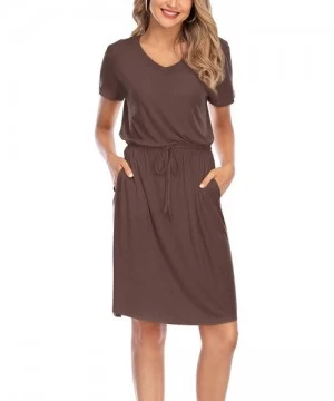 Cover-Ups Women Tie Waist V Neck Knee Length Short Sleeve Modest Plain Summer Casual Midi Dress with Pockets - Coffee Midi Dr...