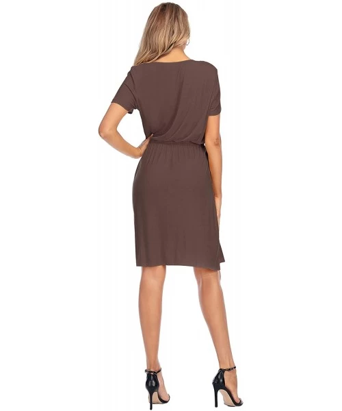 Cover-Ups Women Tie Waist V Neck Knee Length Short Sleeve Modest Plain Summer Casual Midi Dress with Pockets - Coffee Midi Dr...