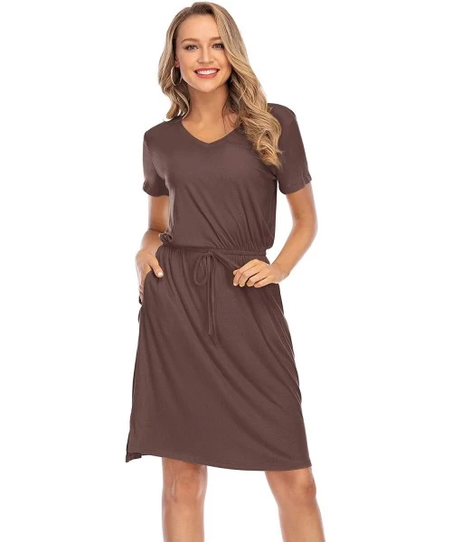 Cover-Ups Women Tie Waist V Neck Knee Length Short Sleeve Modest Plain Summer Casual Midi Dress with Pockets - Coffee Midi Dr...