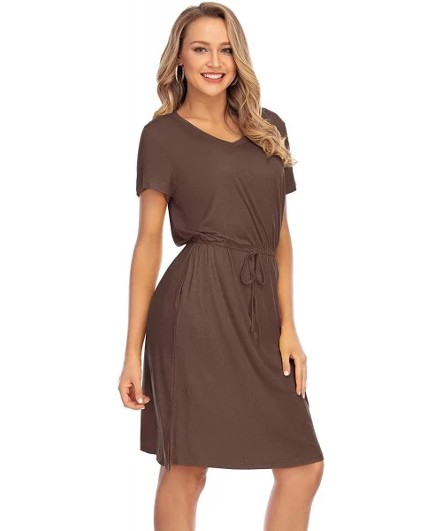 Cover-Ups Women Tie Waist V Neck Knee Length Short Sleeve Modest Plain Summer Casual Midi Dress with Pockets - Coffee Midi Dr...