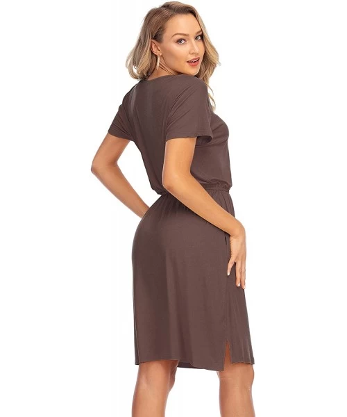 Cover-Ups Women Tie Waist V Neck Knee Length Short Sleeve Modest Plain Summer Casual Midi Dress with Pockets - Coffee Midi Dr...