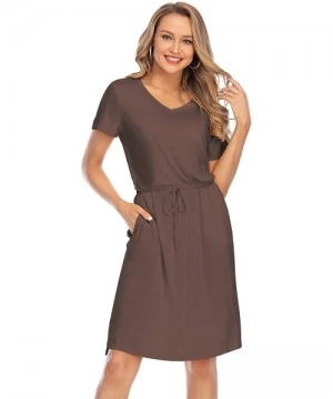 Cover-Ups Women Tie Waist V Neck Knee Length Short Sleeve Modest Plain Summer Casual Midi Dress with Pockets - Coffee Midi Dr...