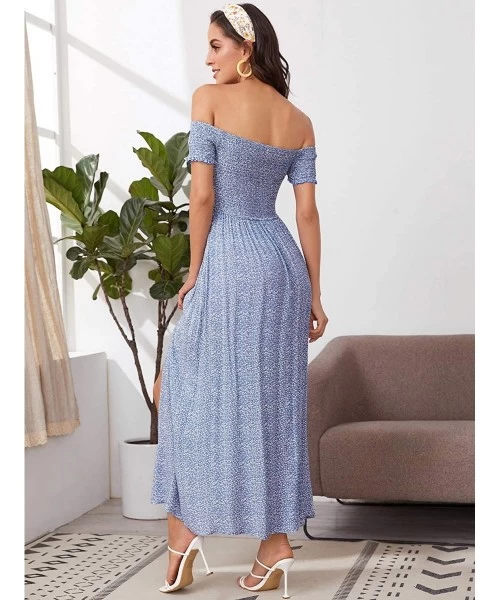 Cover-Ups Women's Boho Floral Print Off Shoulder Split Long A Line Dress - Blue Flower - C219G8C3WKQ