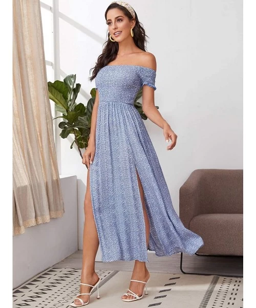 Cover-Ups Women's Boho Floral Print Off Shoulder Split Long A Line Dress - Blue Flower - C219G8C3WKQ