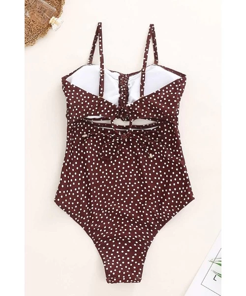 One-Pieces Womens One Piece Swimsuits Polka Dot High Waist Bathing Suit Cutout Swimwear Monokini Tie Knot - Brown - CI195TWXHRX