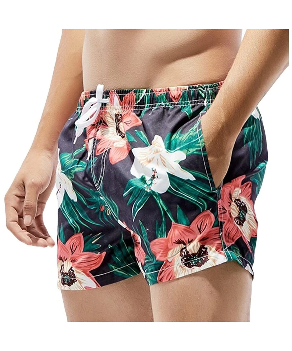 Briefs Men's Black Flower Boxer Brief Swimming Trunks Beach Pants - Black - CR18OAXU57L