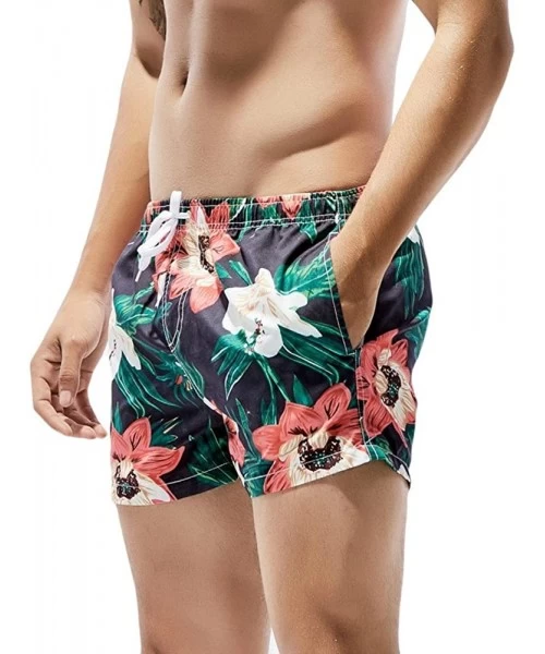 Briefs Men's Black Flower Boxer Brief Swimming Trunks Beach Pants - Black - CR18OAXU57L