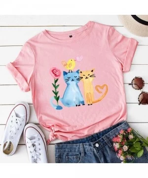 One-Pieces Women Cat Printed Shirt Casual Graphic Plus Size Tees Holiday Comfy Tops-Short Sleeve Summer Tshirt Pink - CZ197EK...