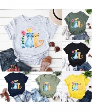 One-Pieces Women Cat Printed Shirt Casual Graphic Plus Size Tees Holiday Comfy Tops-Short Sleeve Summer Tshirt Pink - CZ197EK...