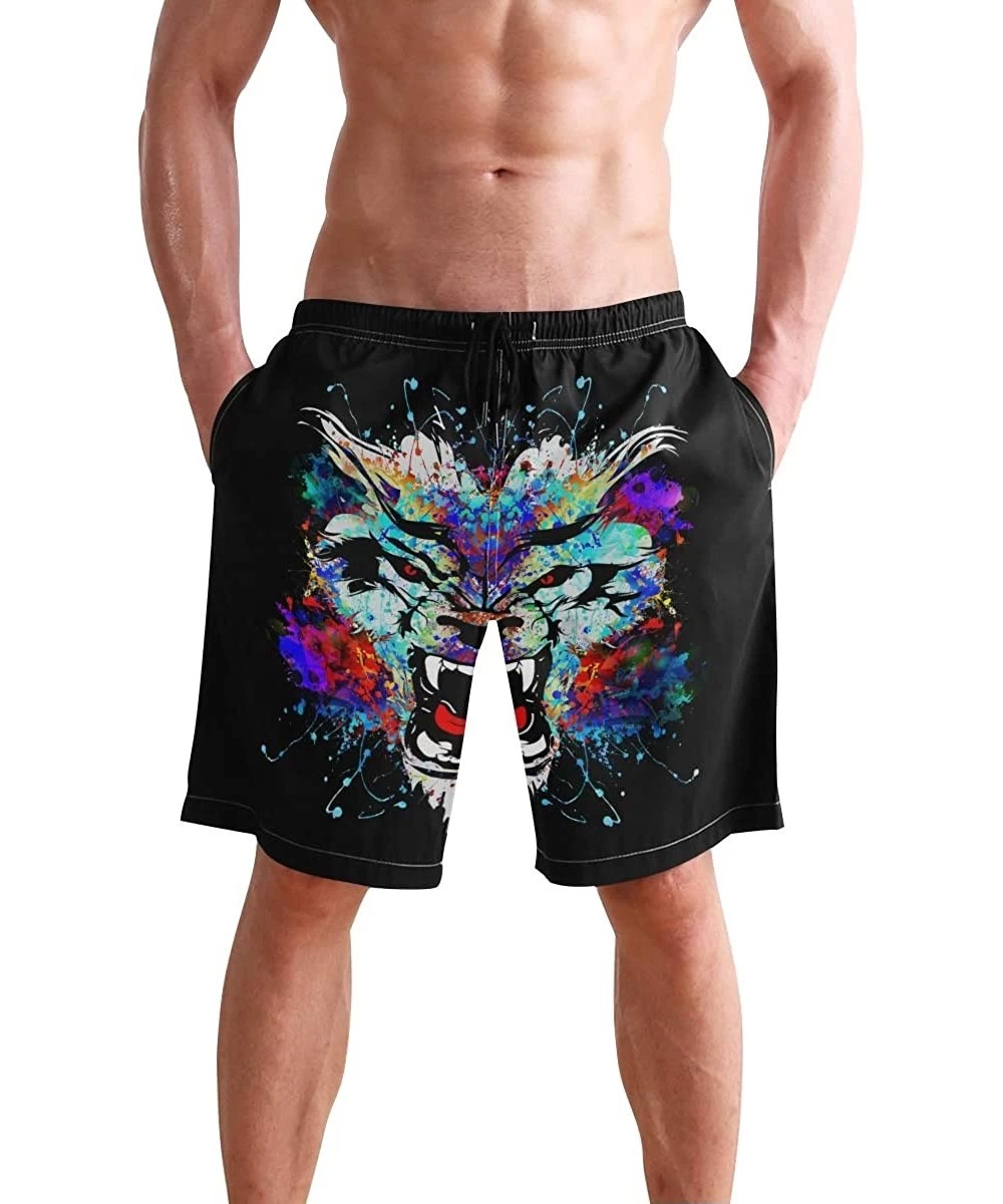 Board Shorts Mens Paint Splash Tiger Art Surf Beach Shorts Swim-Trunks Quick Dry Board Shorts with Pocket - Paint Splash Tige...