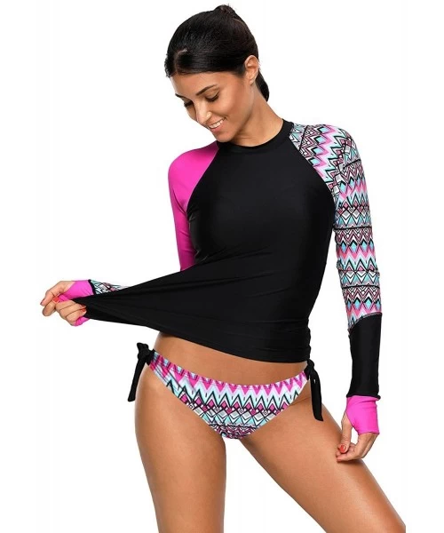 Rash Guards Women's Long Sleeves Rash Guard Athletic Swim Aztec UPF 50+ Tankini Sets Swimsuit - Rosy - CO180N98L54