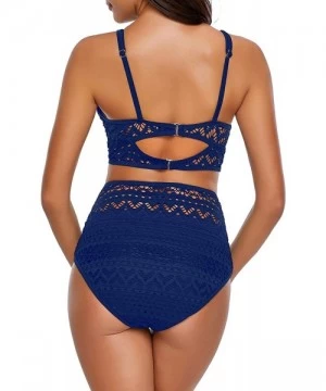 One-Pieces Women's Crochet Lace V Neck High Waist Bikini Set Two Pieces Swimsuit - Royal Blue - CD18S24W7CX