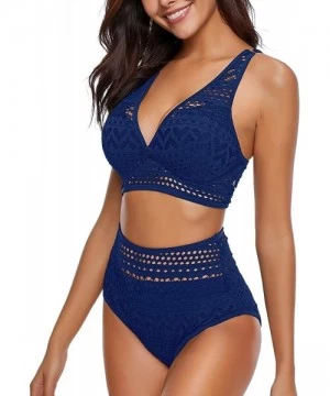 One-Pieces Women's Crochet Lace V Neck High Waist Bikini Set Two Pieces Swimsuit - Royal Blue - CD18S24W7CX