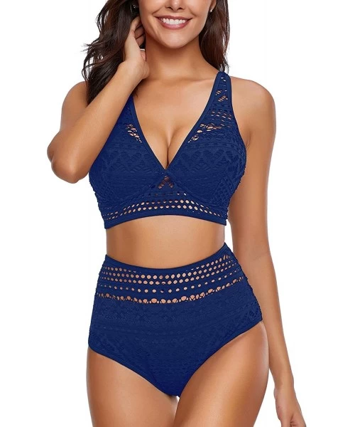 One-Pieces Women's Crochet Lace V Neck High Waist Bikini Set Two Pieces Swimsuit - Royal Blue - CD18S24W7CX