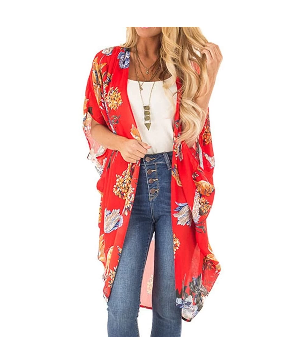 Cover-Ups Women Kimono Cardigan Chiffon Casual Loose Open Front Bikini Cover Up Tops - Red 03 - CE18UG82LC9