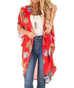 Cover-Ups Women Kimono Cardigan Chiffon Casual Loose Open Front Bikini Cover Up Tops - Red 03 - CE18UG82LC9